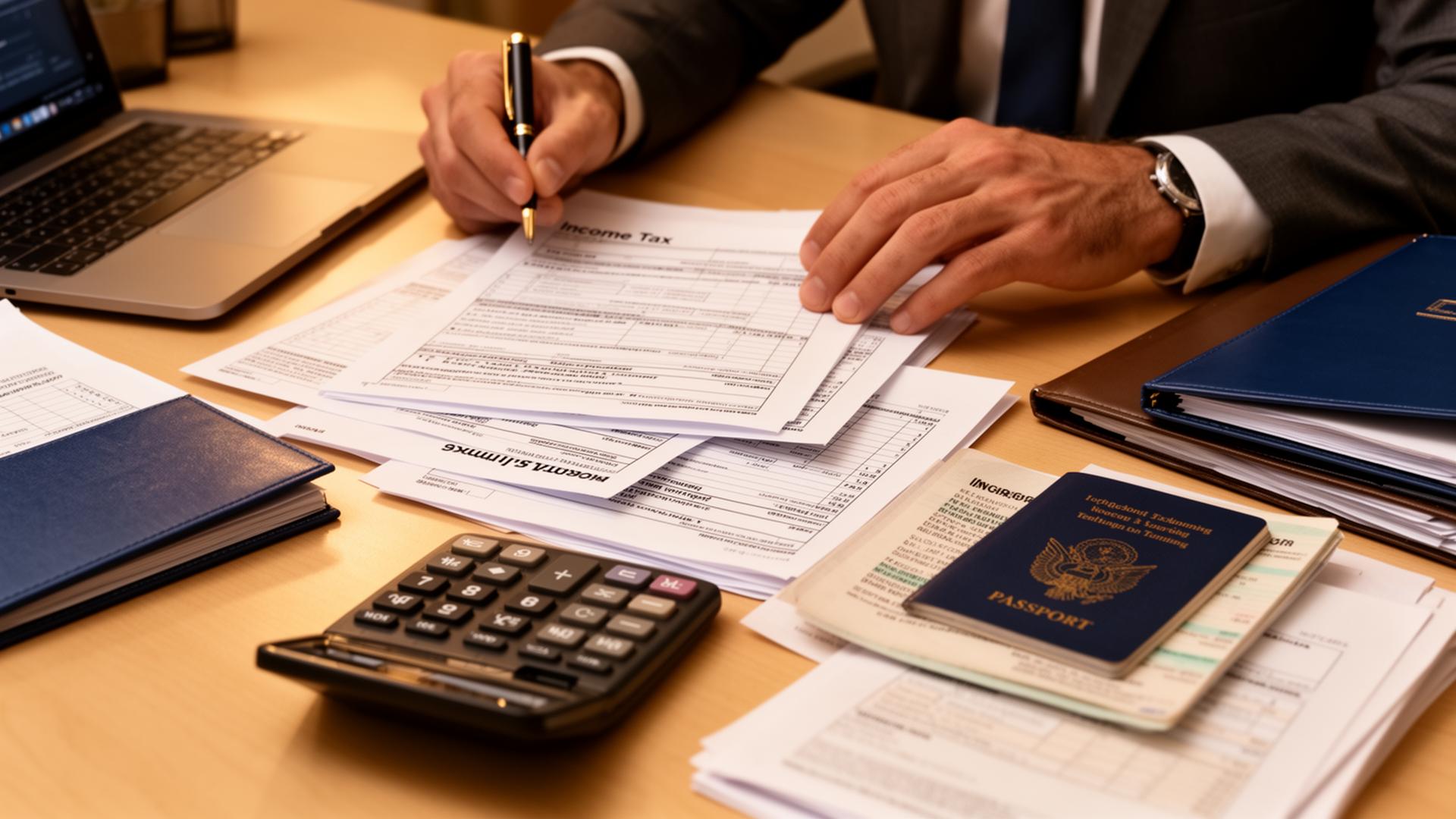 Professional tax preparer reviewing income tax forms, immigration documents, and financial paperwork at a warmly lit desk